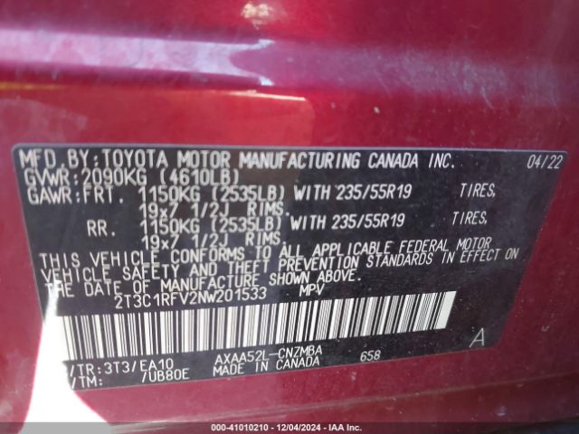 2T3C1RFV2NW201533 Toyota Rav4 Xle Premium
