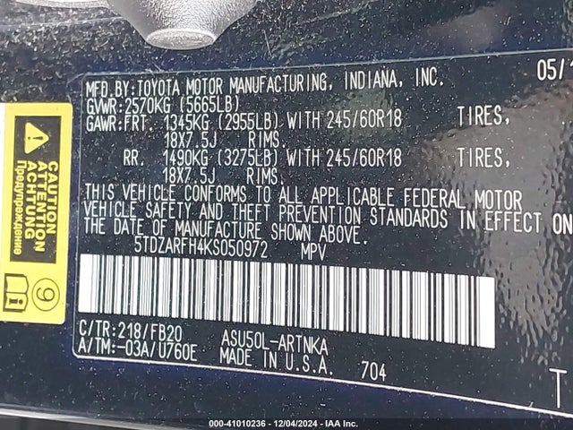 Toyota Highlander Le 2019 5TDZARFH4KS050972 Image 9