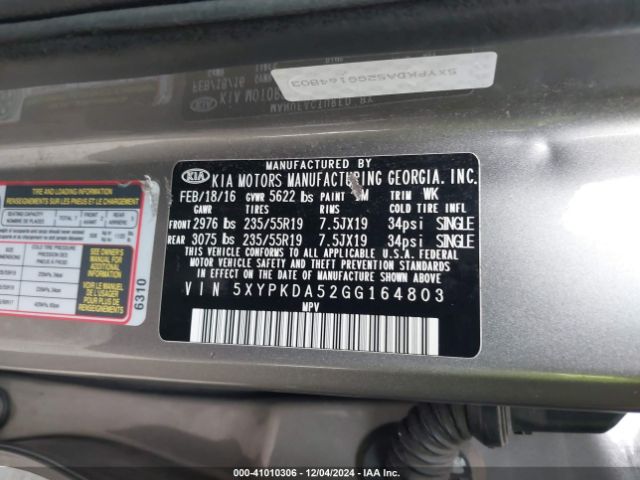 5XYPKDA52GG164803 KIA Sorento 3.3l Sx