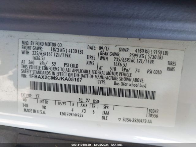1FBAX2CM9JKA05167 Ford Transit-350 Xl