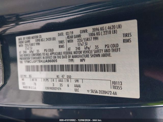 1FMCU0F78KUA96005 Ford ESCAPE S