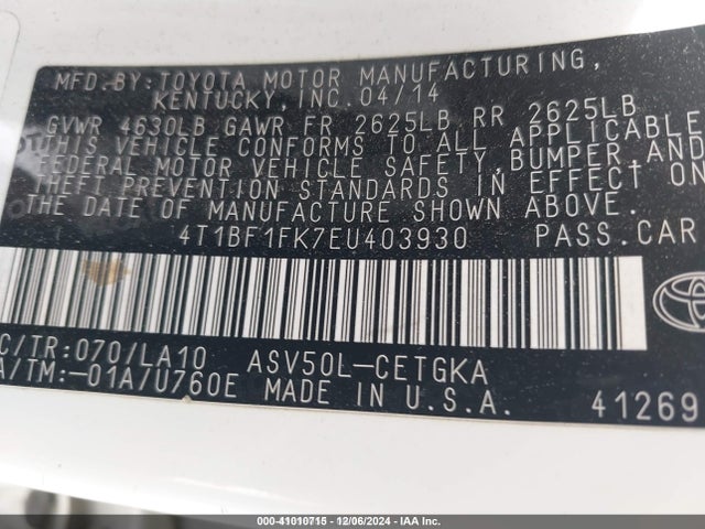 Toyota 2ar-fe 2014 4T1BF1FK7EU403930 Image 9