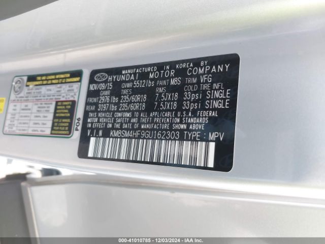 KM8SM4HF9GU162303 Hyundai Santa Fe Se
