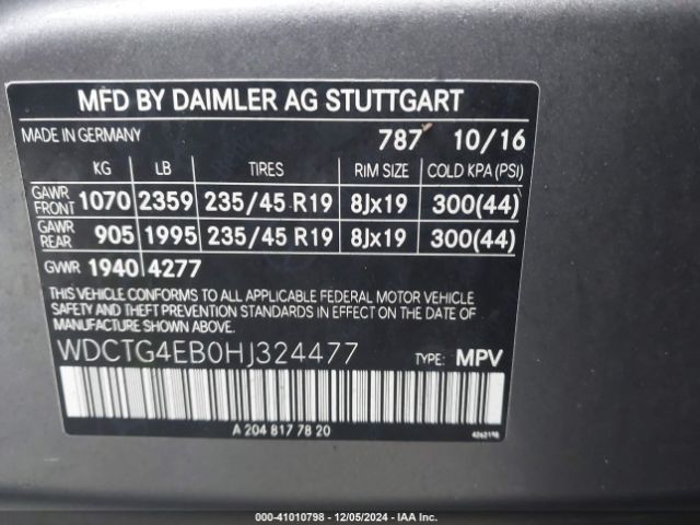 WDCTG4EB0HJ324477 Mercedes-Benz GLA 250