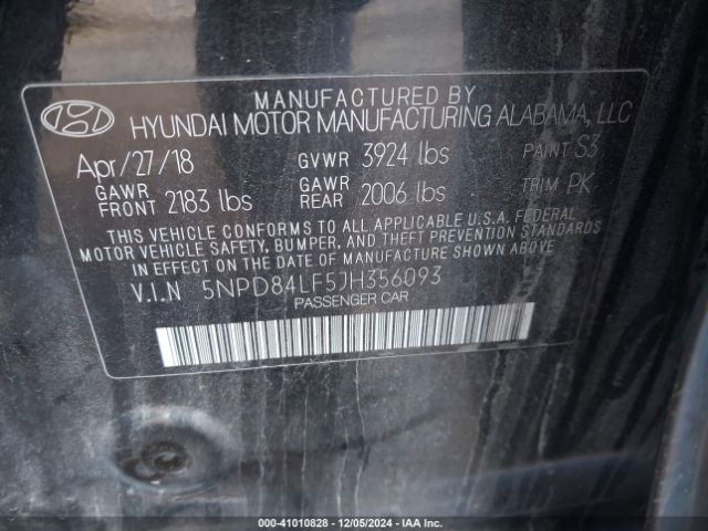 5NPD84LF5JH356093 Hyundai ELANTRA SEL
