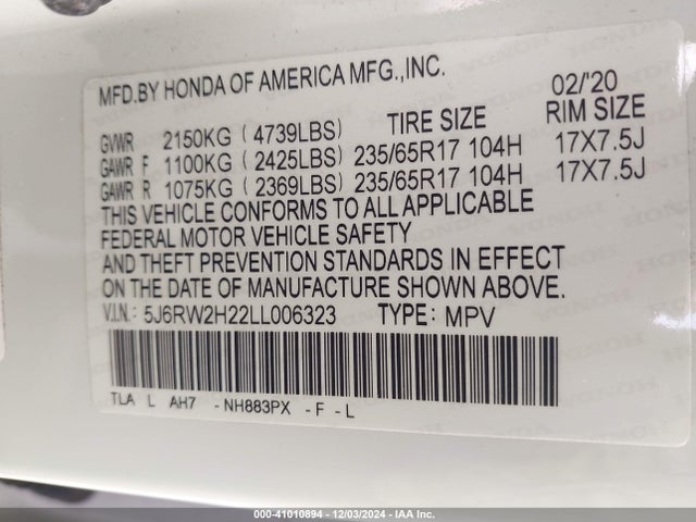 Honda Cr-v Awd Lx 2020 5J6RW2H22LL006323 Image 9