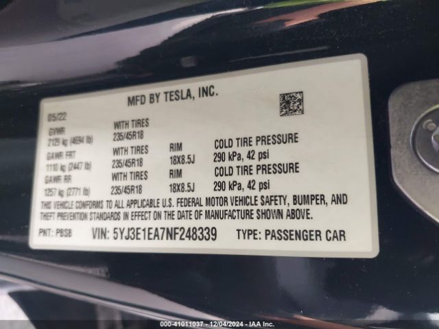5YJ3E1EA7NF248339 Tesla Model 3 Rear-wheel Drive