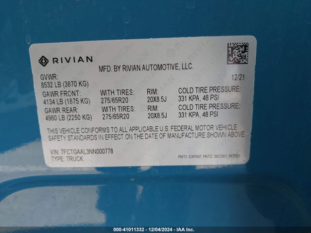 Rivian R1t Launch Edition 2022 7FCTGAAL3NN000778 Image 9
