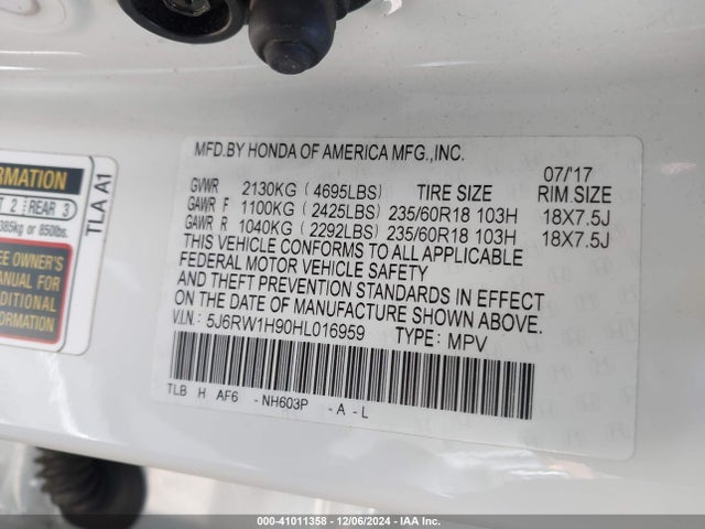 Honda Cr-v Touring 2017 5J6RW1H90HL016959 Image 9