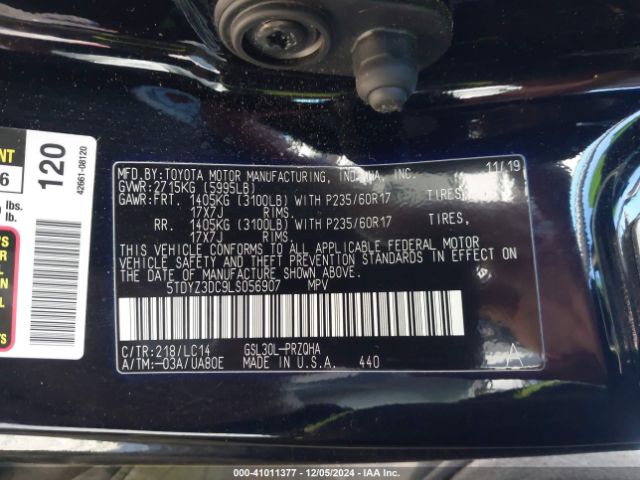 5TDYZ3DC9LS056907 Toyota SIENNA XLE
