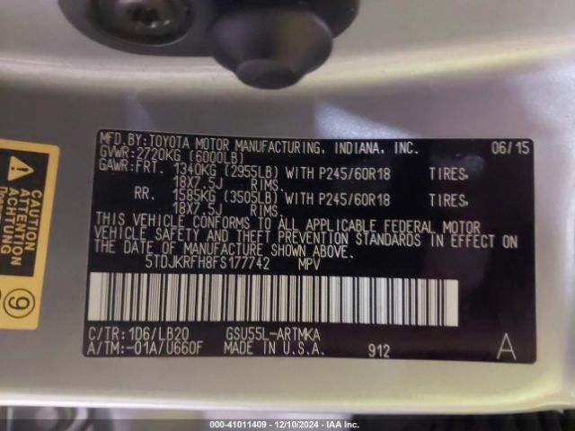 5TDJKRFH8FS177742 Toyota Highlander Xle V6