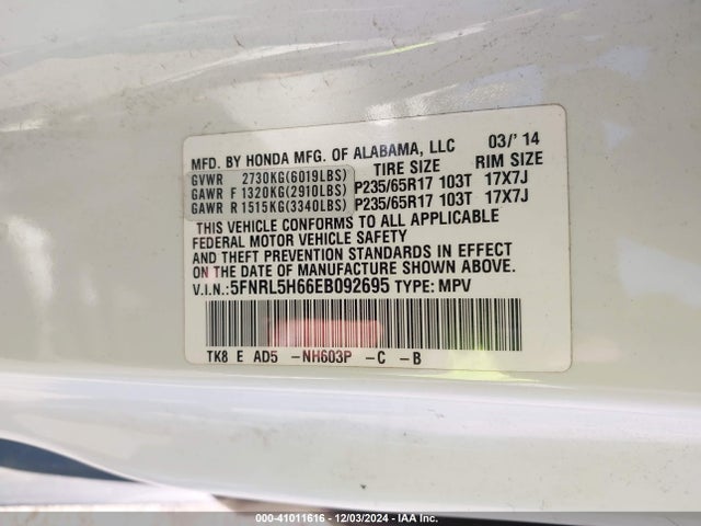 5FNRL5H66EB092695 Honda Odyssey Ex-l