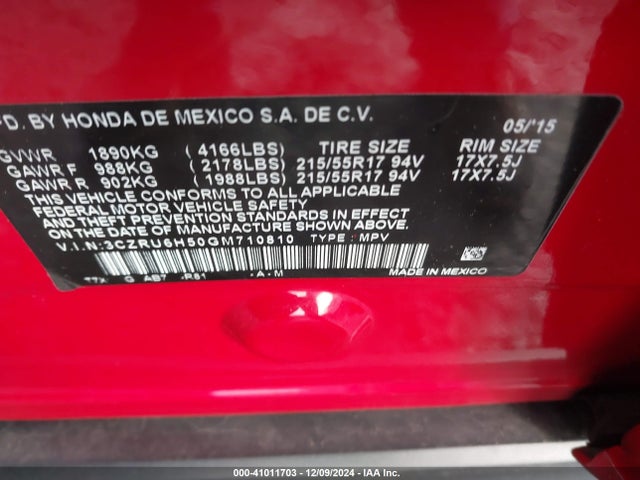 Honda HR-V EX 2016 3CZRU6H50GM710810 Image 9