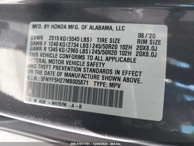 Honda Pilot 2wd Special Edition 2021 5FNYF5H27MB005871 Image 9