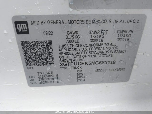 3GTPUCEK5NG683119 GMC Sierra 1500 4wd  Short Box Elevation With 3sb