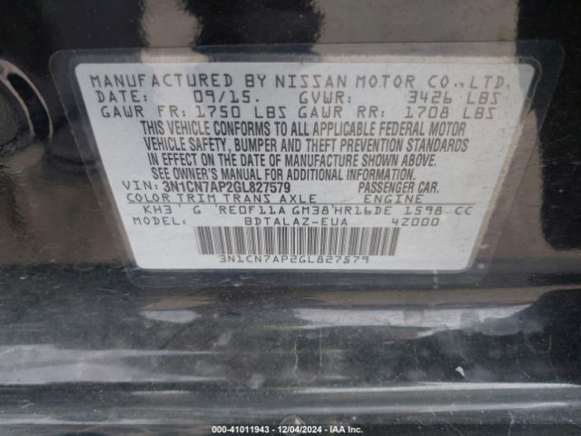 3N1CN7AP2GL827579 Nissan Versa 1.6 S+
