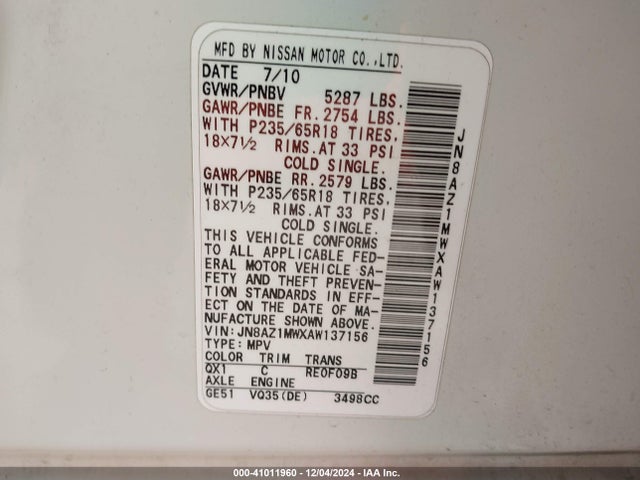 Продажа на аукционе авто 2010 Nissan Murano S, vin: JN8AZ1MWXAW137156, номер лота: 41011960