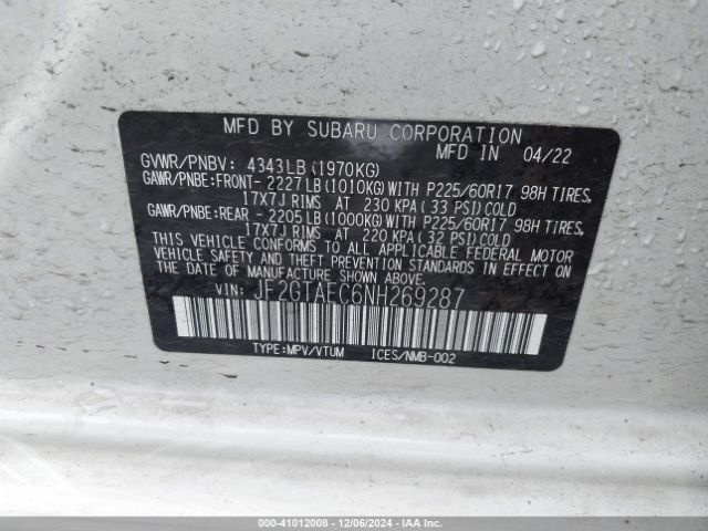 JF2GTAEC6NH269287 Subaru Crosstrek Premium