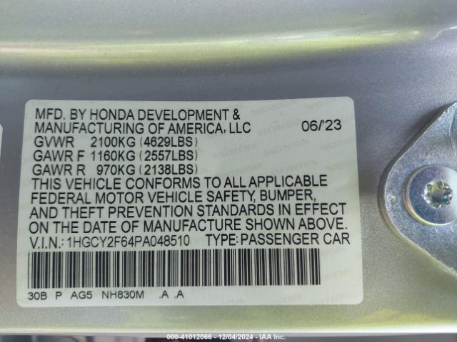 1HGCY2F64PA048510 Honda Accord Hybrid Ex-l