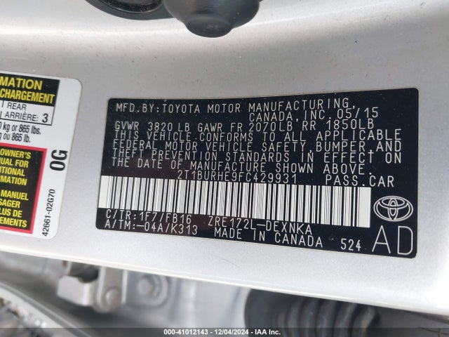 Toyota COROLLA LE 2015 2T1BURHE9FC429931 Image 9