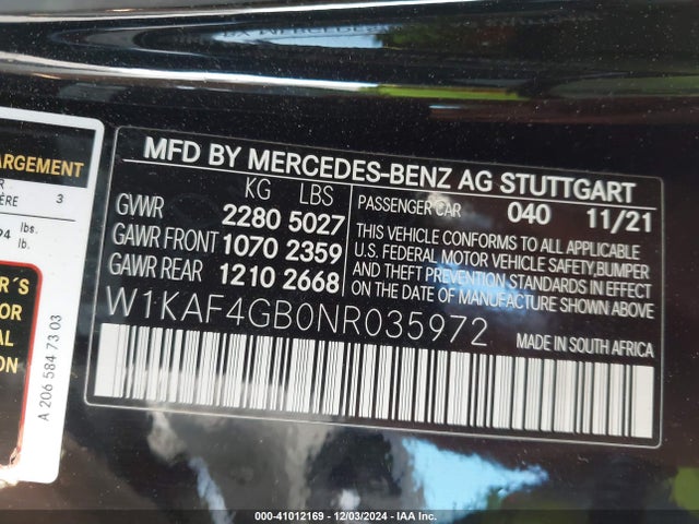 W1KAF4GB0NR035972 Mercedes-Benz C 300 Sedan
