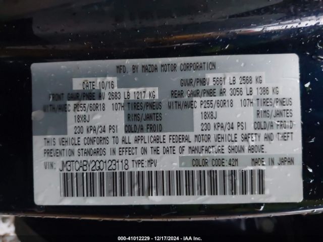 JM3TCABY2G0123118 Mazda CX-9 SPORT