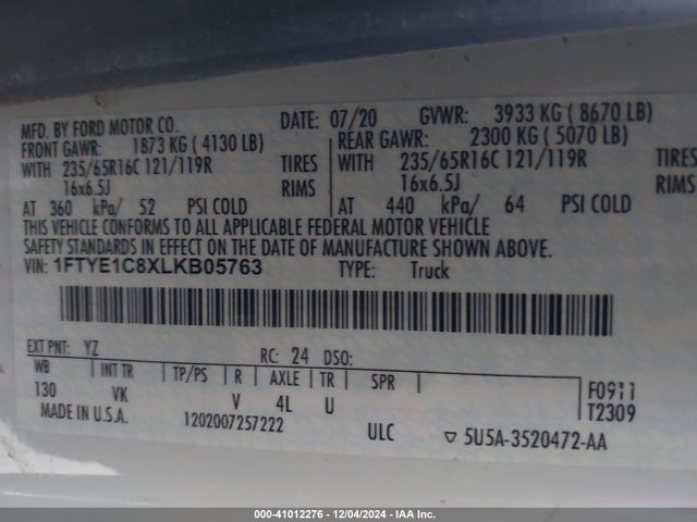 2020 FORD TRANSIT-150 CARGO VAN 1FTYE1C8XLKB05763 Photo 8