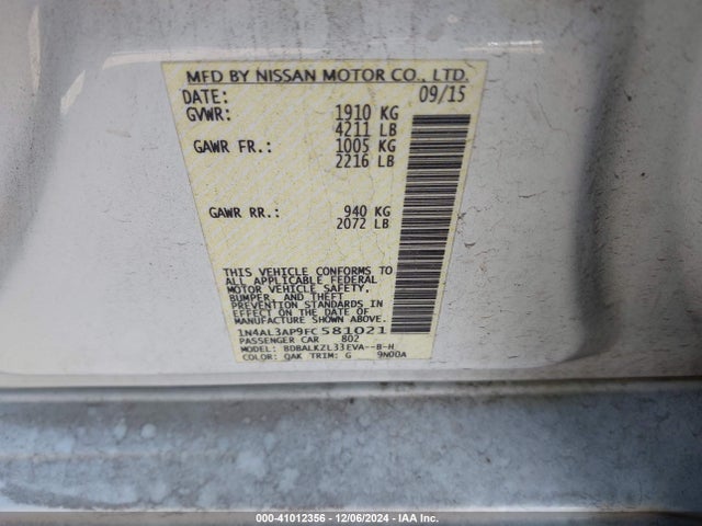 Nissan Altima 2.5 Sv 2015 1N4AL3AP9FC581021 Image 9