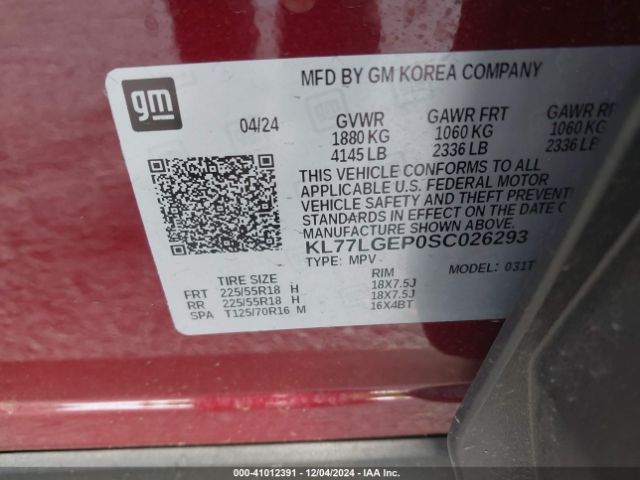 KL77LGEP0SC026293 Chevrolet Trax Fwd 1rs