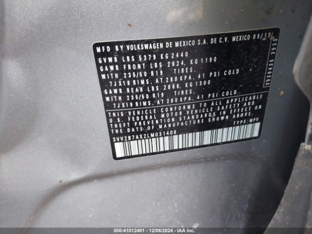 3VV2B7AX2LM031406 Volkswagen Tiguan 2.0t Se/2.0t Se R-line Black/2.0t Sel