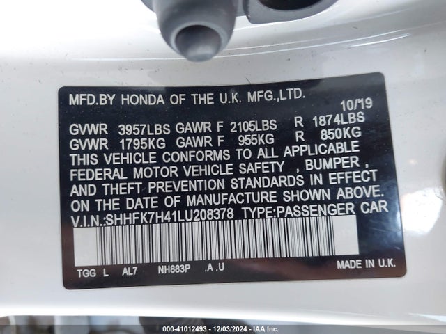 SHHFK7H41LU208378 Honda Civic Sport