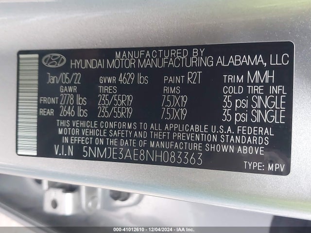 5NMJE3AE8NH083363 Hyundai Tucson Limited