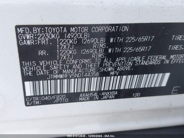 JTMMWRFV5ND144358 Toyota Rav4 Hybrid Le