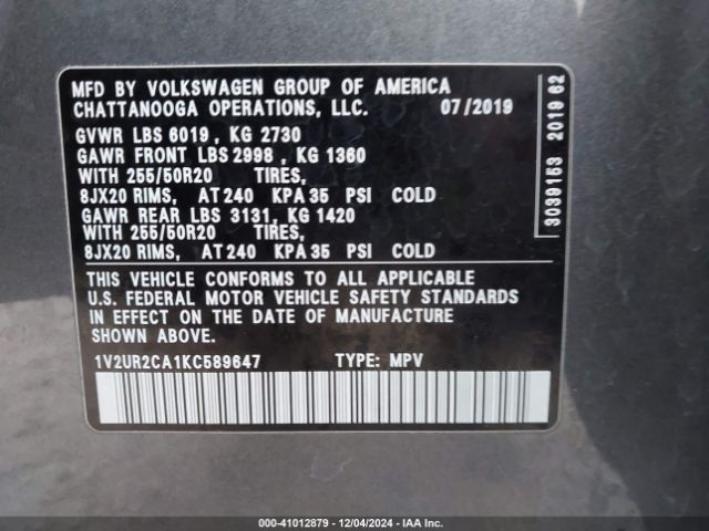 1V2UR2CA1KC589647 Volkswagen Atlas 3.6l V6 Se W/technology