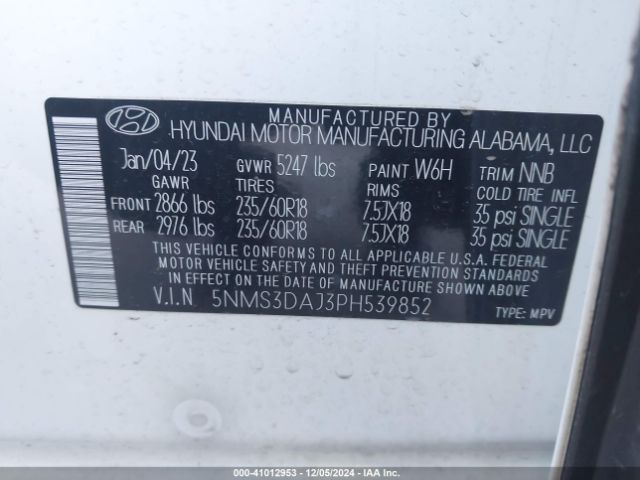 5NMS3DAJ3PH539852 Hyundai Santa Fe Sel