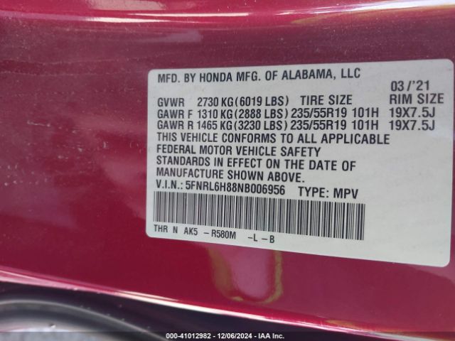 5FNRL6H88NB006956 Honda Odyssey Touring