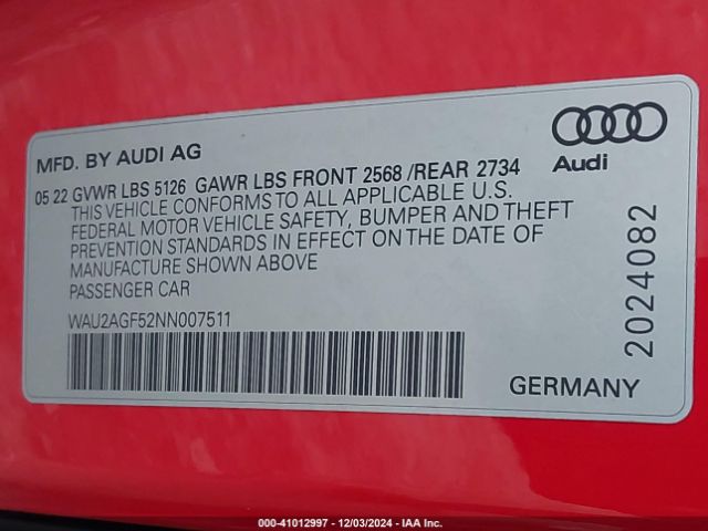 WAU2AGF52NN007511 Audi A5 Cabriolet Premium 45 Tfsi Quattro S Tronic