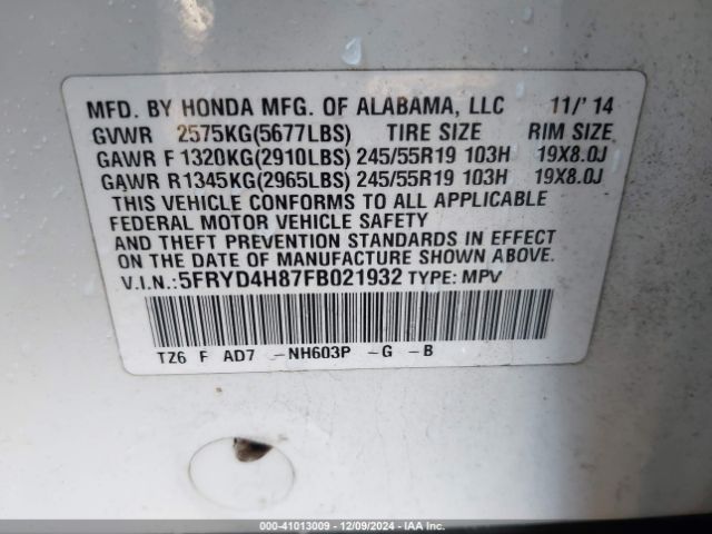 5FRYD4H87FB021932 Acura Mdx Advance Pkg W/entertainment Pkg
