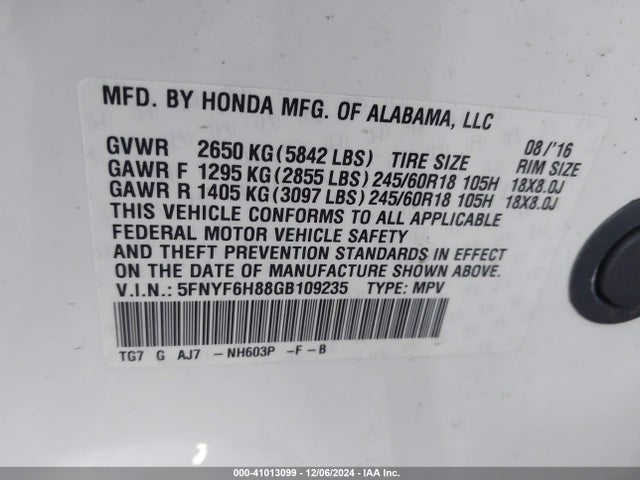 Honda Pilot Ex-l 2016 5FNYF6H88GB109235 Image 9