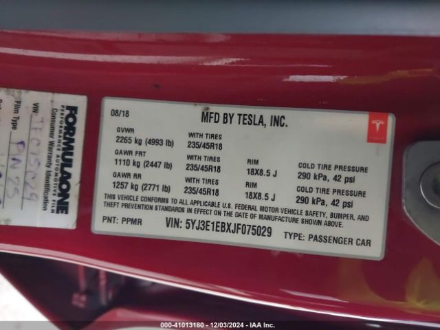 5YJ3E1EBXJF075029 Tesla Model 3 Long Range/performance