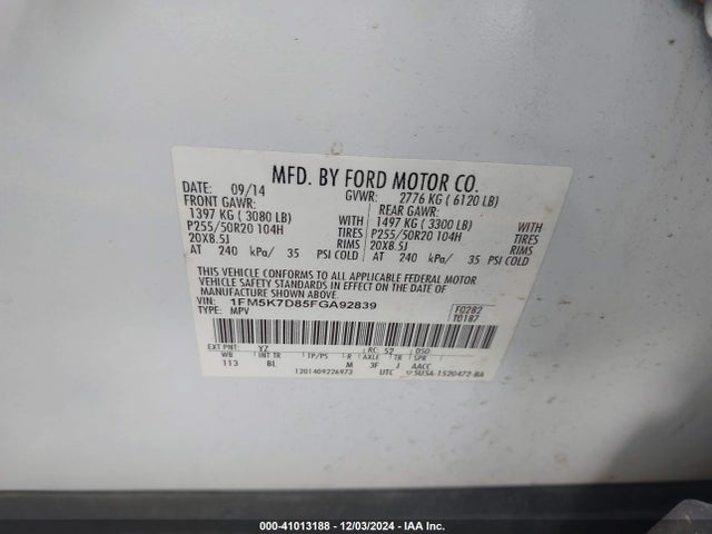 Ford EXPLORER XLT 2015 1FM5K7D85FGA92839 Image 9