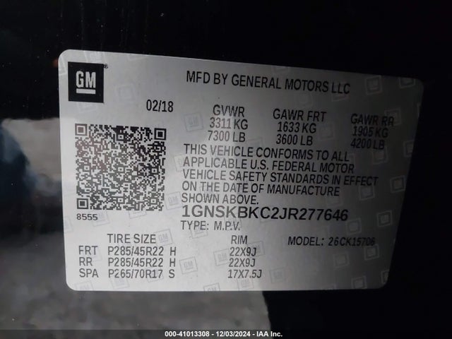 1GNSKBKC2JR277646 Chevrolet Tahoe Lt