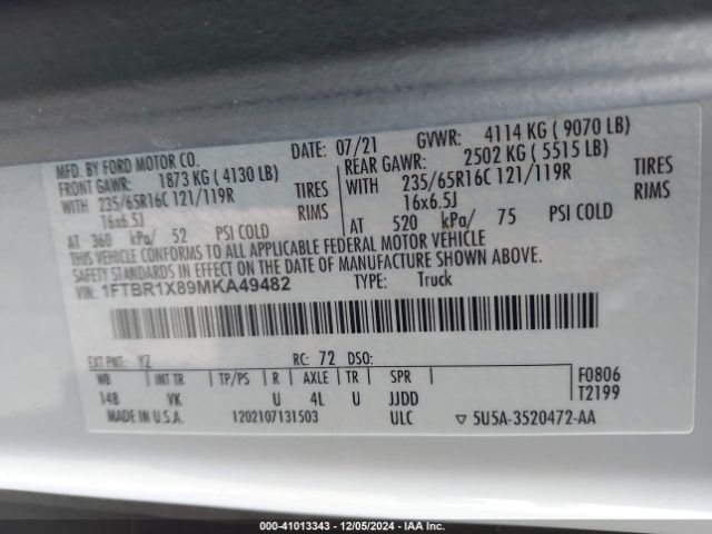 1FTBR1X89MKA49482 Ford Transit-250 Cargo Van