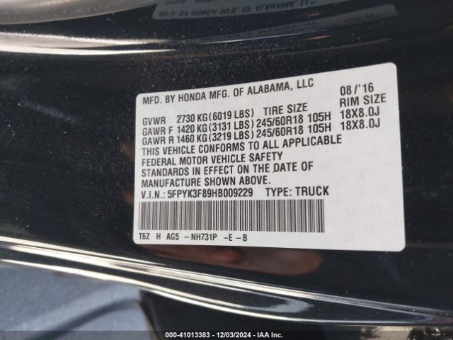 5FPYK3F89HB009229 Honda Ridgeline Black Edition