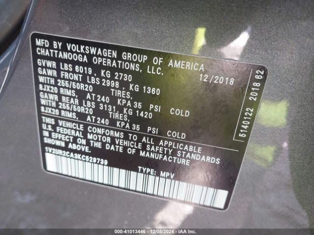 1V2UR2CA3KC529739 Volkswagen Atlas 3.6l V6 Se W/technology