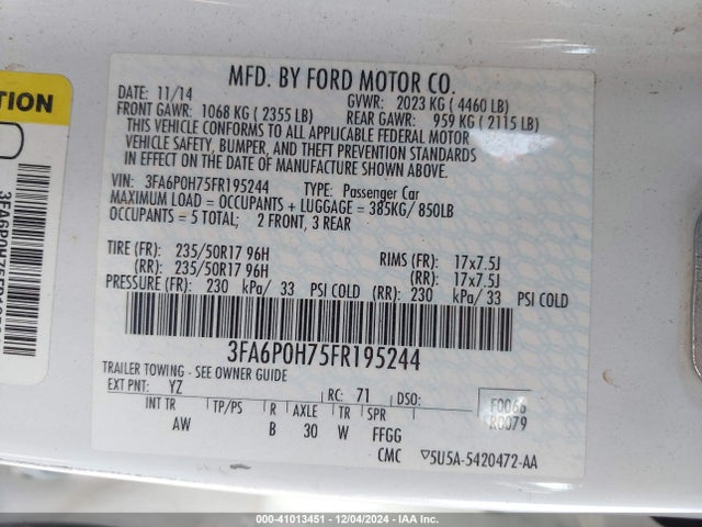 Ford FUSION SE 2015 3FA6P0H75FR195244 Image 9