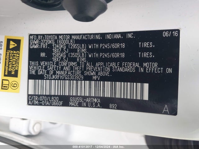 Toyota Highlander Xle V6 2016 5TDJKRFH7GS303929 Image 9