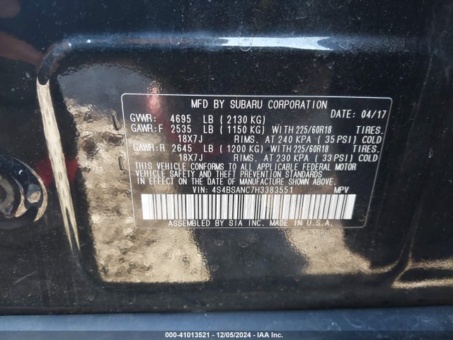 4S4BSANC7H3383551 Subaru Outback 2.5i Limited