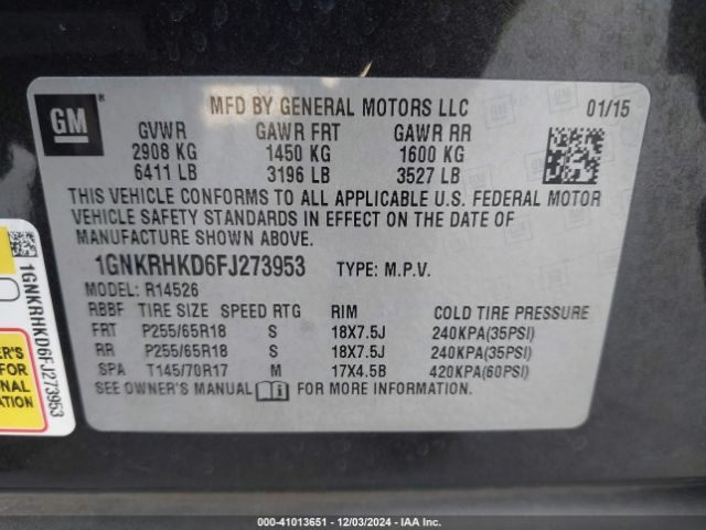1GNKRHKD6FJ273953 Chevrolet Traverse 2lt