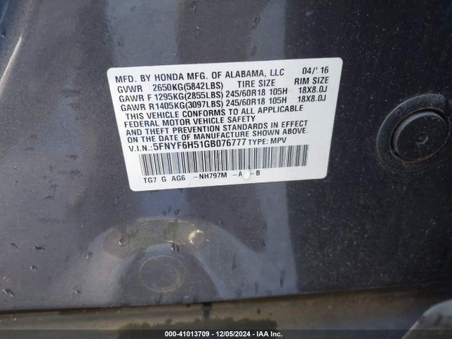 Honda Pilot Ex-l 2016 5FNYF6H51GB076777 Image 9